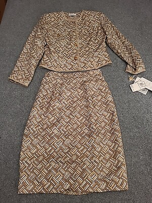 #ad Adrianna Papell Skirt Suit Set Womens 6 Petite Brown Gold 100% Silk Basket Weave $50.00