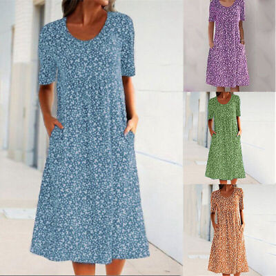 #ad Womens Midi Sundress Ladies Beach Boho Print Dress Summer Short Sleeve Plus Size $18.88