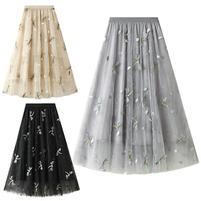 #ad Women#x27;s Embroidered Ruffle Mesh Tutu Skirt Sheer Tulle Pleated Long Maxi Dresses $29.43