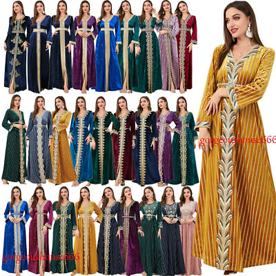 #ad Muslim Embroidery Abaya Velvet Long Sleeve Maxi Dress Robes Islamic Kaftan Dubai $43.13