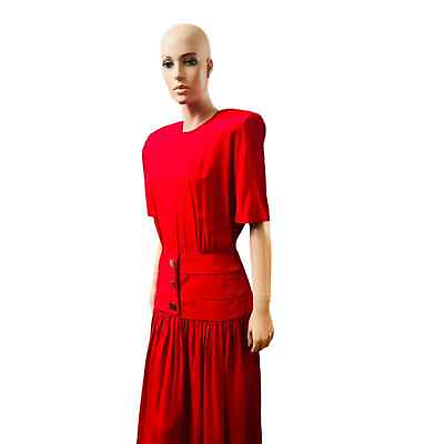 #ad Vintage 80s David Benjamin Collection Red Maxi Dress Short Sleeves Fit M L $148.00