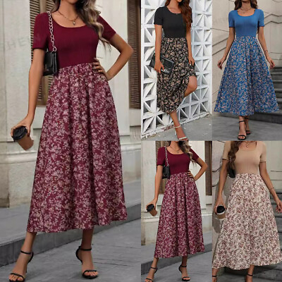#ad Womens Floral Print Short Sleeve Long Maxi Dress Summer Holiday Casual Sundress $21.79