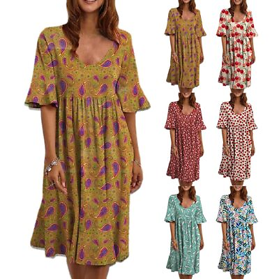 #ad Womens Floral V Neck Midi Dress Ladies Casual Loose Summer Short Sleeve Sundress $23.79