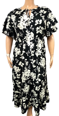 #ad Shein curve black floral print scoop neck tie knot short sleeve maxi dress 4XL $27.46