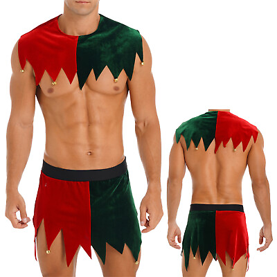 Men#x27;s Christmas Costume Elf Cosplay Jagged Hem Bells Crop Top Mini Skirt Outfits $11.70