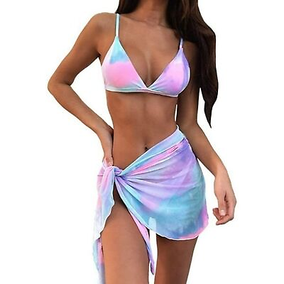 #ad Pastel Pink Purple Triangle String Bikini w Wrap Skirt Swimsuit Medium $12.90
