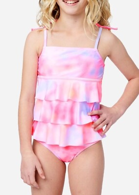 #ad NWT JUSTICE Girl Swimsuit Tankini Bikini Pink Ruffle Swim 10 12 14 16 L 2 Piece $26.50