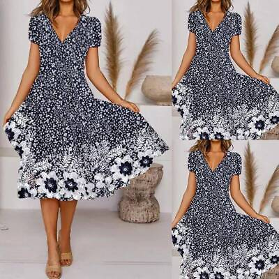 #ad Boho Womens Floral Print Holiday Sundress Ladies Short Sleeve Beach Midi Dress $20.69