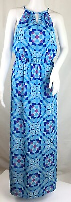 #ad Halter Style Maxi Dress Blue Geometric Keyhole Side Slits Chiffon Lined Size S $16.99