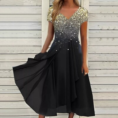 Women Short Sleeve Swing Dress Print Evening Cocktail Party Midi Gown Plus Size $25.19