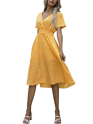 #ad Women Holiday Boho Floral Midi Dress Ladies V Neck Short Sleeve Beach Sundresses $17.38