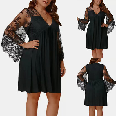 #ad Womens Lace Mesh Mini Dress Ladies Sexy Evening Party Dresses Gown Plus Size US $35.69
