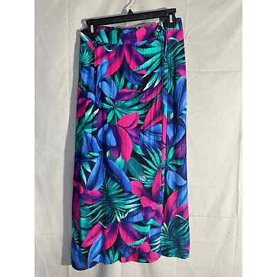 #ad Vintage Wrap Skirt Womens 12 Blue Midi Tropical Print Floral USA 90s Hawaiian $34.99