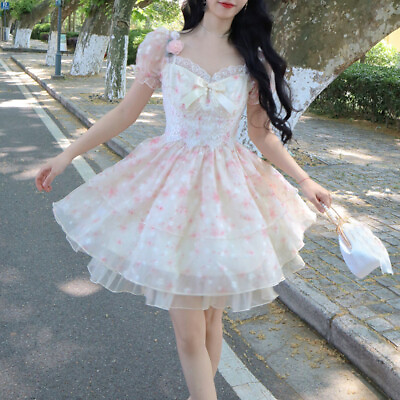 #ad Sweet Girls Floral Chiffon A Line Dress Bow Summer Japanese Cute Princess Dress $34.79