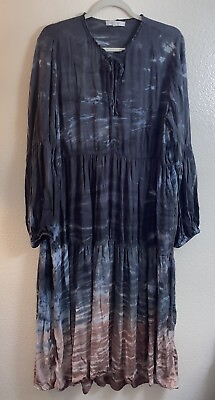 #ad River Sky Long Sleeve Maxi Dress Black Ombre Tie Dye Boho Gypsy SZ XL $49.95