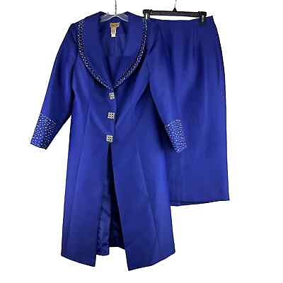#ad #ad Midnight Velvet Suit Size 6 Blue Studded Long Jacket Midi Skirt Church Evening $69.99