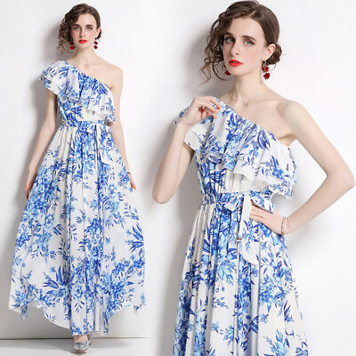 #ad Womens Summer Floral Ruffles Belt Dress Chiffon Slanted Shoulder Maxi Gown Beach $50.77