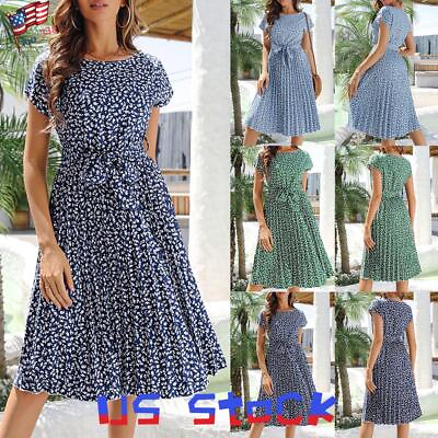 #ad Womens Boho Floral Midi Dress Ladies Summer Holiday Beach Casual Swing Sundress $16.69