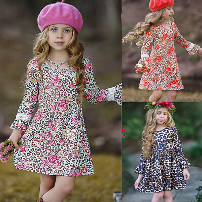 #ad Child Kids Girls Long Sleeves Floral V Neck Swing Dress Summer Boho Party Dress $17.79