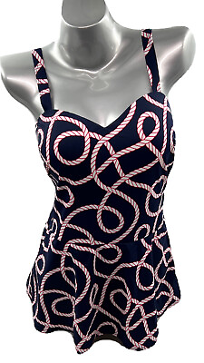 #ad Damp;Co Womens Swimsuit Size 10 One Piece Skirted Navy Blue Red Nautical Rope NEW $32.00