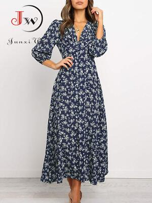 #ad Womens Floral Print Holiday Party Maxi Dress Long Sleeve V Neck Maxi Shirt Dress $18.99