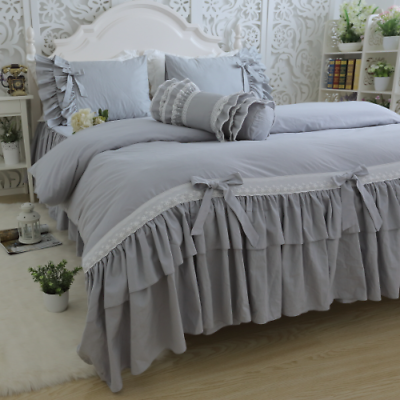 Cotton Bedding Set Leaf Gray Embroidered Lace Set Bowknot Princess Quilt Cover AU $414.67