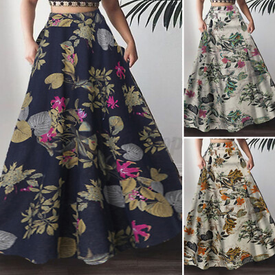 ZANZEA Women Vintage Floral Long Maxi Skirt Bohemia Swing Dress Holiday Beach US $22.51