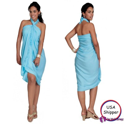 #ad 1 World Sarongs Solid Light Turquoise FRINGELESS Sarong Beach Cover Up Wrap $15.99