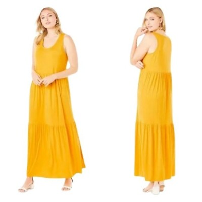 #ad Jessica London Womens Maxi Dress Plus Size 16W Rayon Tiered Stretch Yellow $14.99