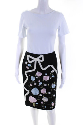 #ad Oscar Oscar de la Renta Womens Silk Floral Knit Pencil Skirt Black Size 10P $97.21