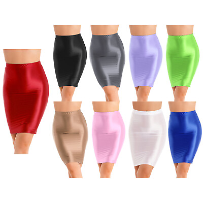 #ad US Women#x27;s High Waist Pencil Skirt Oily Opaque Smooth Skirt Sexy Nightclub Party $10.73