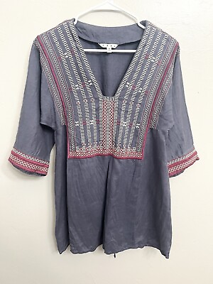 #ad CAbi Womens Small Embroidered Blue Linen Boho Tunic Top 3 4 Sleeve #996 $15.00