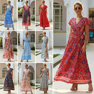 #ad Women Wrap Summer Boho Floral Paisley Maxi Print Midi Dress Ladies Holiday Beach $29.29