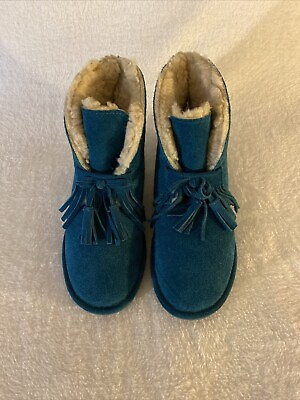 #ad Bearpaw Suede Teal Turquoise Wool Lined Tassel Boots Women#x27;s Size 5 $18.83