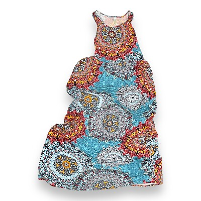 #ad GRECERELLE Long Maxi Dress XL Sleeveless Teal Floral BOHO Summer Beach Pockets $13.49
