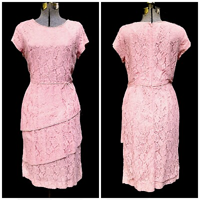 VTG 50#x27;s 60#x27;s Pink Diagonal Layered Lace Sheath Dress Party Prom MED Cap Sleeve $99.99