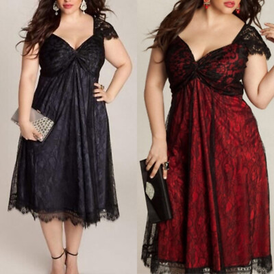 #ad Plus Size Womens Sexy Lace Swing Midi Dress Ladies Evening Cocktail Party Gown $23.49