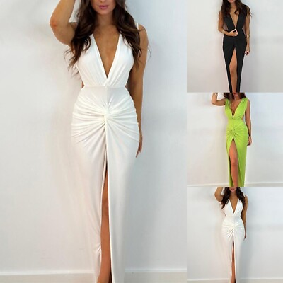 #ad Women#x27;s V Neck High Slit Maxi Dress Backless Formal Evening Party Gown $22.19
