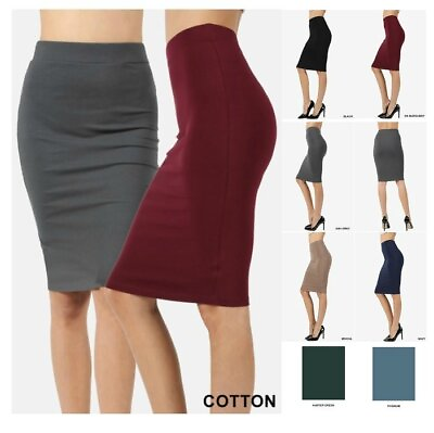 High Waisted Womens Pencil Office Skirt Cotton Stretch Knee Length REG PLUS S 3X $7.96