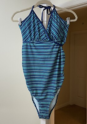 #ad Motherhood Maternity Swimsuit One Piece Navy Aqua Striped Soft Cup Beach Large $7.12