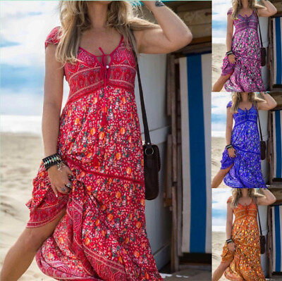 Boho Beach Women Summer Maxi Dress Ladie Holiday Beach V Neck Long Sundress US $19.85