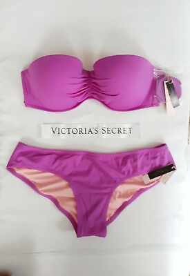 #ad Victorias Secret Swim 2pc Bikini Set 38C PUSH UP BANDEAU Large CHEEKY Bottom $44.95