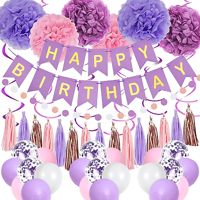 #ad Purple Pink Birthday Party Decorations for Women Girls with Happy Birthday Banne $17.23