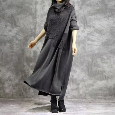 #ad Womens Winter Warm Mock Neck Faux Fur Long Slit Dress Casual Loose Maxi Dresses $42.47