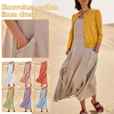#ad Womens Cotton Linen Sleeveless Loose Maxi Dress Pocket Plain Long Sundress Long $20.51