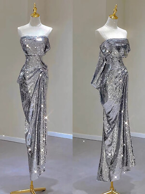 #ad Silver Shiny Cocktail Dress Strapless Ruched Sleeveless Mermaid Sequins Gowns $108.50