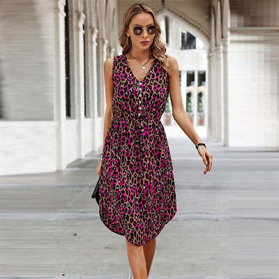 #ad #ad Womens Leopard V Neck Sleeveless Dress Ladies Summer Holiday Beach Sundress $32.99