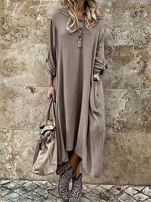 #ad Long Sleeve Button Solid Side Pocket Casual Maxi Dress For Women $78.00