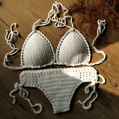 #ad Handmade Crochet Bikini Set Sexy swimwear Coachella Boho Womens swimsuit Suit $13.99