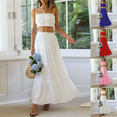 #ad Womens Cami Crop Tops Maxi Skirt Set Summer Beach Holiday Boho Long Dress Suit $15.29